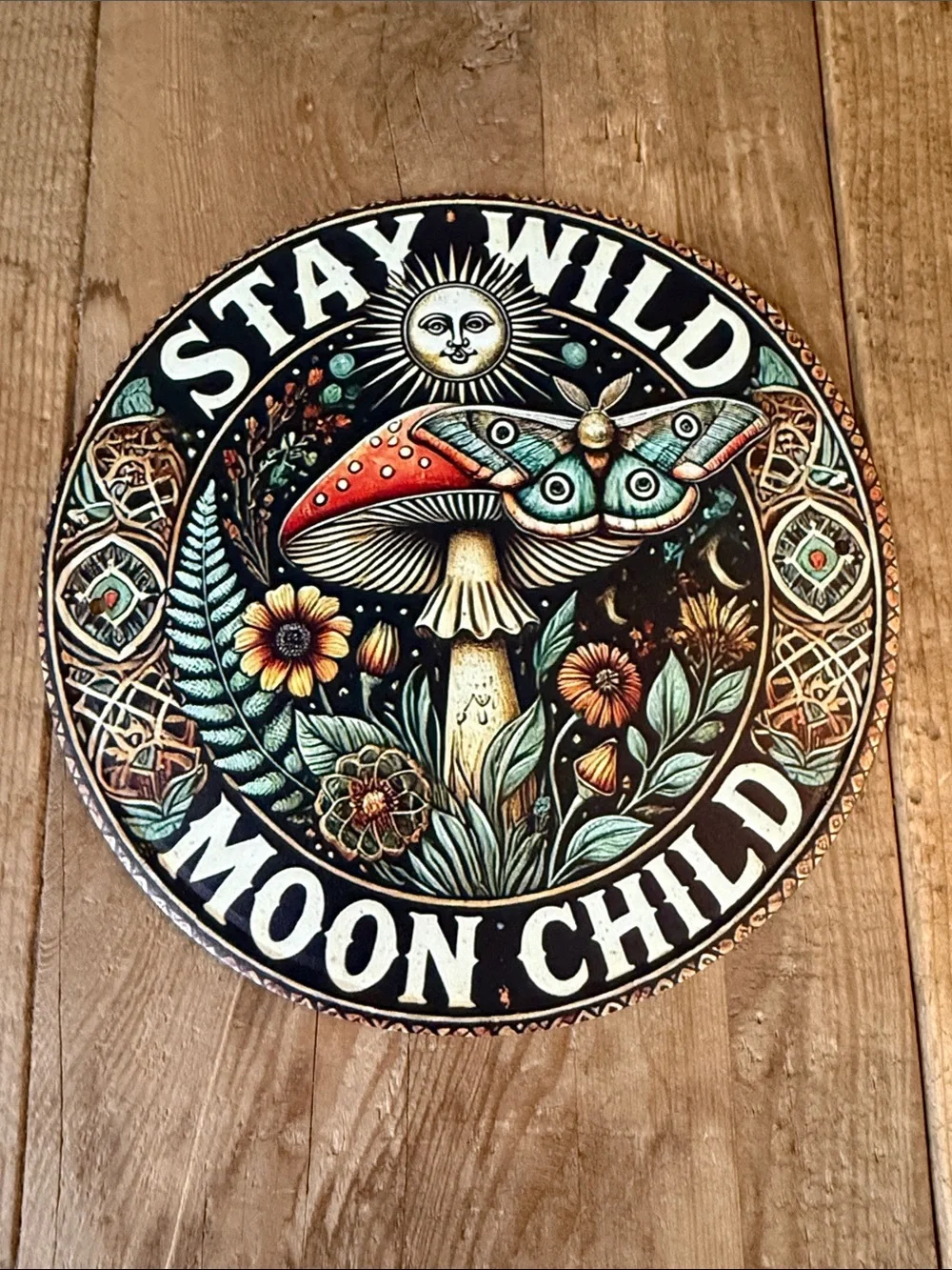 Stay Wild Moon Child Decorative Round Wall Art - Multicolor Mushroom Motif